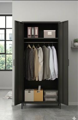Metal Closet Metal Storage Locker with 2 Door, Steel Wardrobe Cabinet with Hanging Hooks, Employee Lockers for Bedroom, Home Office, Gym, Room black