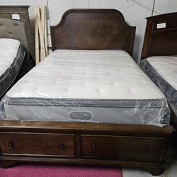 Brown Queen Size Bed With Pull Out Drawers 