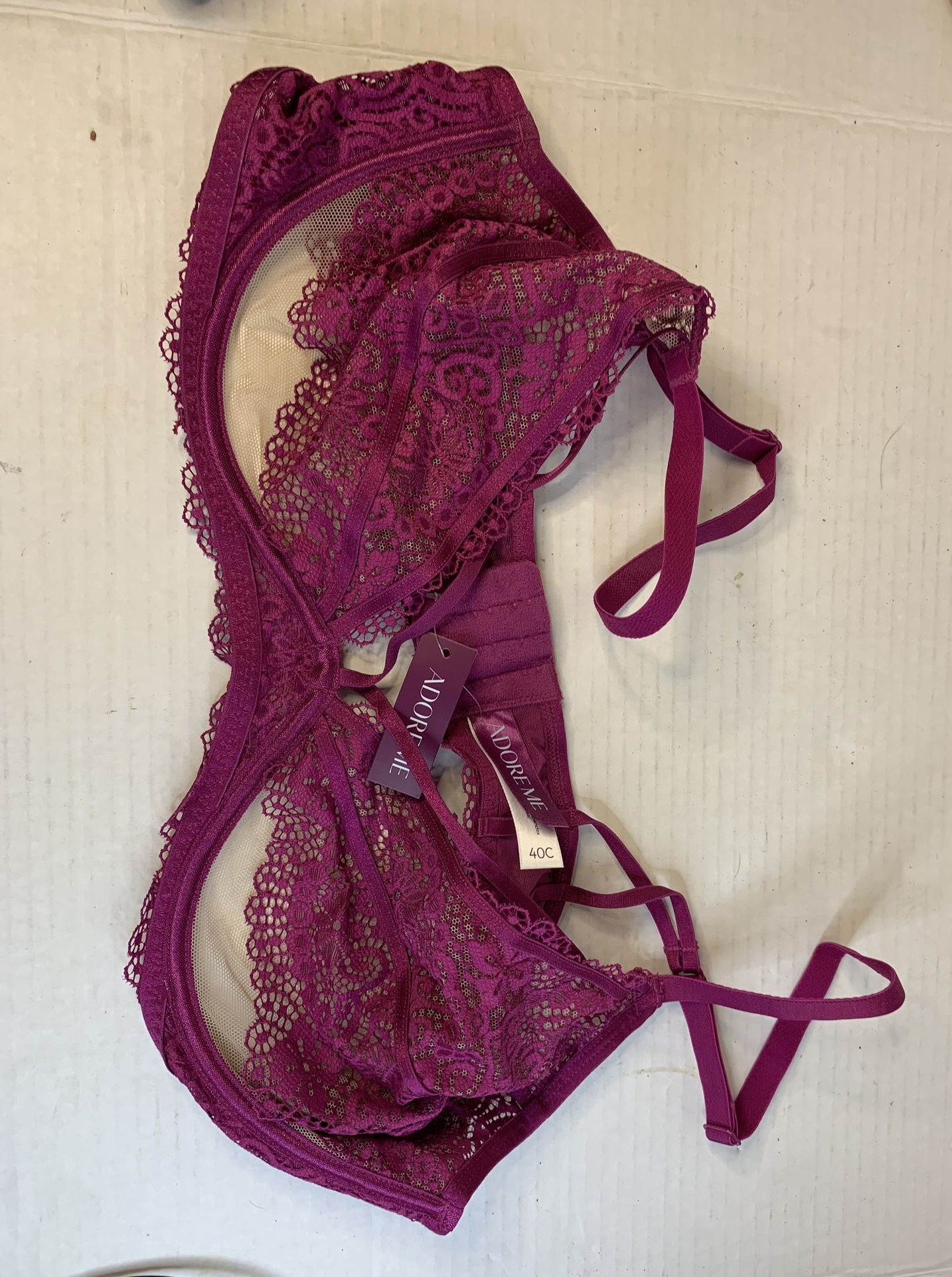 Adore Me Underwire Lacy Bra size 40C Red Lavender Sexy Lace & Mesh Adjustable
