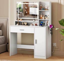 White Vanity Desk with Lighted Mirror and Storage