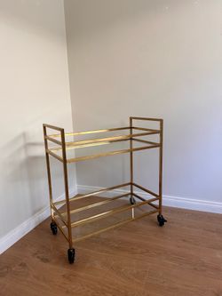 Modern Gold Bar Cart with Glass Shelves on Wheels