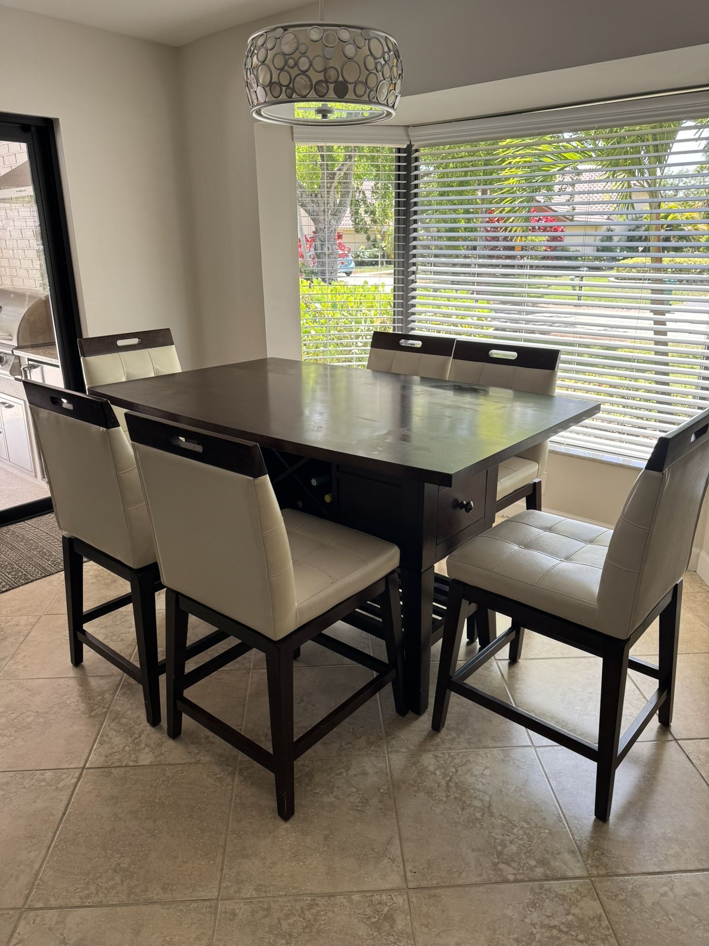 Wood dining table & 7 SWIVEL stools counter height