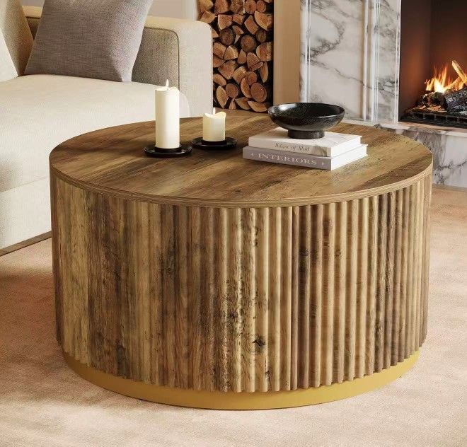F2517 31.5" Round Coffee Table, Fluted Wooden Center Table with Sturdy Drum Base