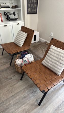 Set of 2 woven leather accent  chairs