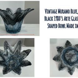 Vintage Murano Blue, Gray & Black 1980’s Arte Glass Flower Shaped Bowl Made in Italy
