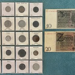 Collection of 22 WW2 Era Coins & Banknotes