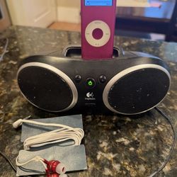 Logitech iPod Dock With Pink Ipod, Nano  And Earbuds.
