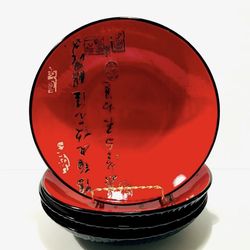 Kafuh Black Characters Red Pasta Bowls Set of 4 Asian Table Dishes Japan