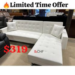 Faux Leather Upholstered Tufted Reversible Chaise L-Shape Sectional Click-Clack Convertible Sofa Bed with 2 Throw Pillows. 99.21 x 62.21 x 33.47 in. H