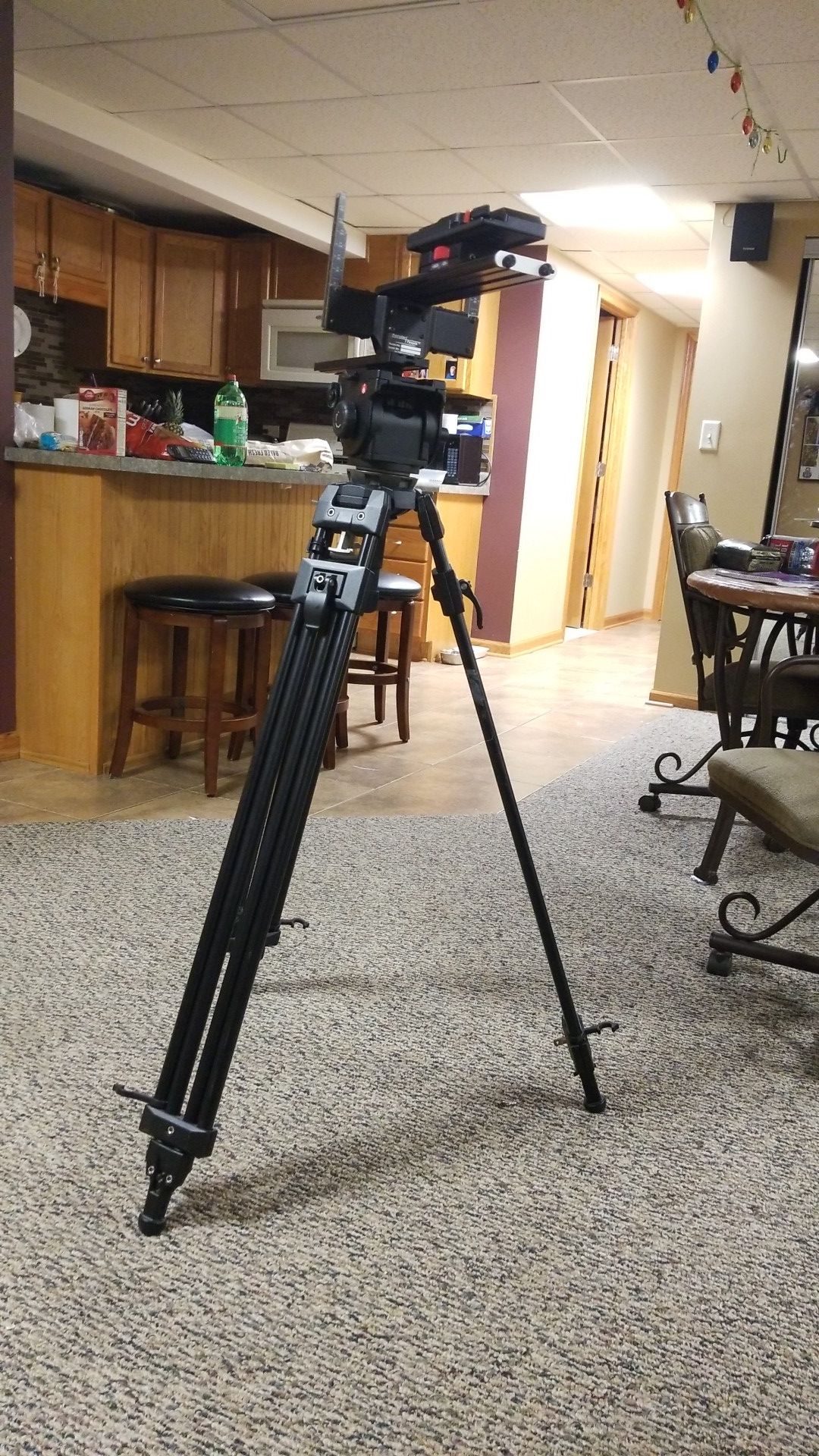 Manfrotto 516 tripod, head, and teleprompter