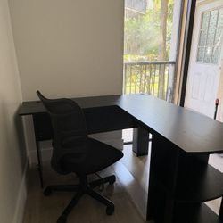 Black L-Shaped Office Desk with Chair – Good Condition