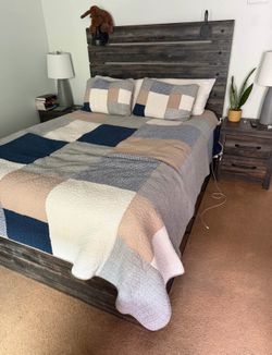 Queen bed frame with under-bed storage and 2 nightstands