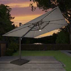 New Seasons Sentry 10' Square 2-Tier Solar LED Aluminum Cantilever Umbrella With Base