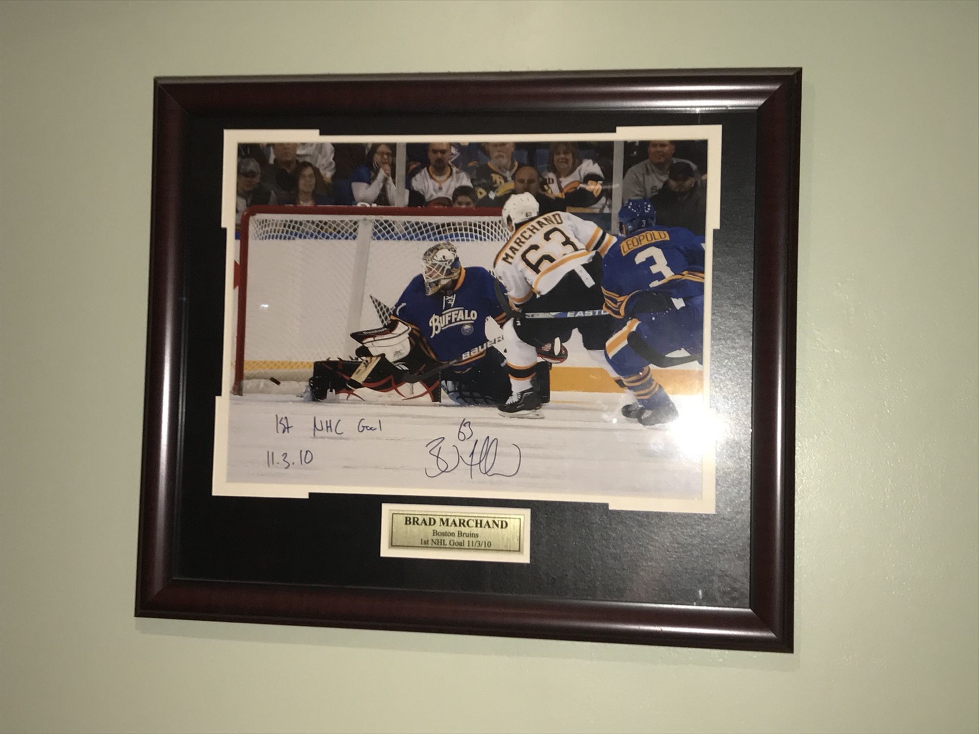 Autographed Brad Marchand first career goal plaque
