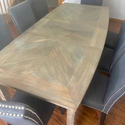 Solid Wood Dining Room Table with glass protective, custom made top, and 8 chairs