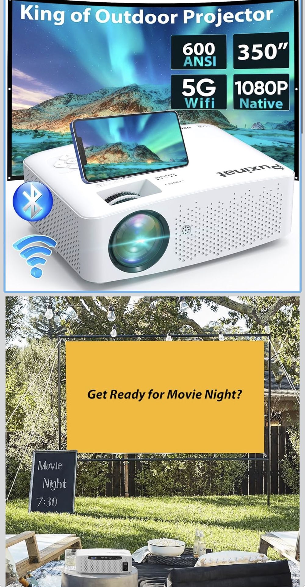 Native 1080P 15000 Lumens 5G WiFi Bluetooth Projector, 600ANSI Outdoor Movie Proyector Supports 4K, 5G/2.4G WiFi and Bluetooth 5.1, Compatible with HD