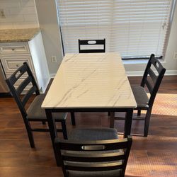 Brand New Dining Table Set for 4, Modern Farmhouse Kitchen Table Set, Faux Marble Dining Table and 4 Cushioned Chairs, Solid Rubber Wood Dining Room T