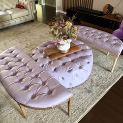 Elegant Tufted  Leather Bench & Ottoman Set
