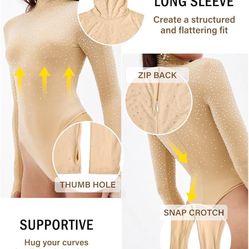 Women's Sparkly Rhinestone Bodysuit Turtle Neck Back Zipper Long Sleeve Leotard Top with Thumb Hole