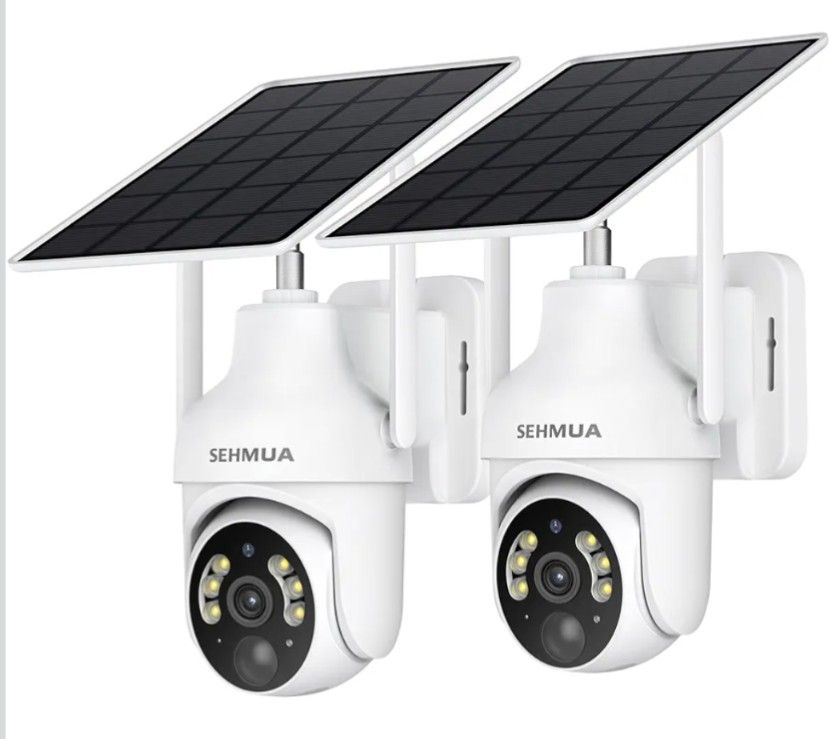 SEHMUA 2K Solar Security Cameras Wireless Outdoor, 2 Pack 360° View Pan/Tilt WiFi Security Camera Outside with Color Night Vision,Easy to Install