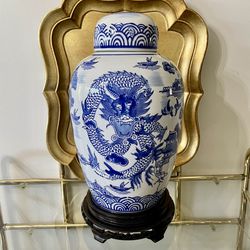 15” H Blue and White Chinoiserie Dragons and Pagodas Ceramic Lidded Ginger Jar with 8” W Rosewood Base (Included)