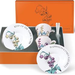 Panacula Tea Cup Set With 2 Tea Cups 2 Saucers And 2 Spoon 7 OZ Espresso Coffee Mug Vintage Creativetea Teacup And Saucer Set For Coffee,Tea,Latte, Ca