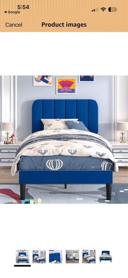 VECELO Twin Bed Frame with Velvet Upholstered Headboard, Blue