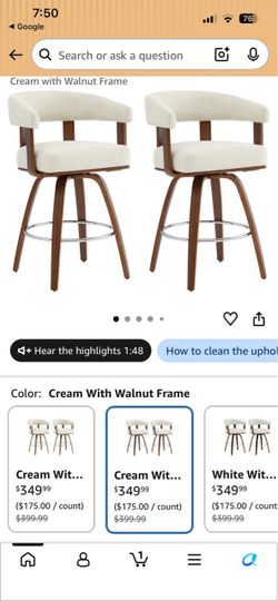 Cream Boucle Swivel Bar Stools with Walnut Frame – Set of 2
