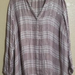 Jennifer Lopez Long Sleeve V Neck Plaid Top / Blouse with Sequin  1X