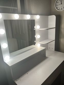 White Hollywood Vanity Mirror with Lights and Shelves
