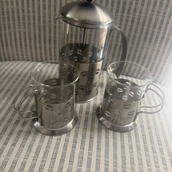 French Press, Coffee Maker With Two Stainless Steel And Glass Cups