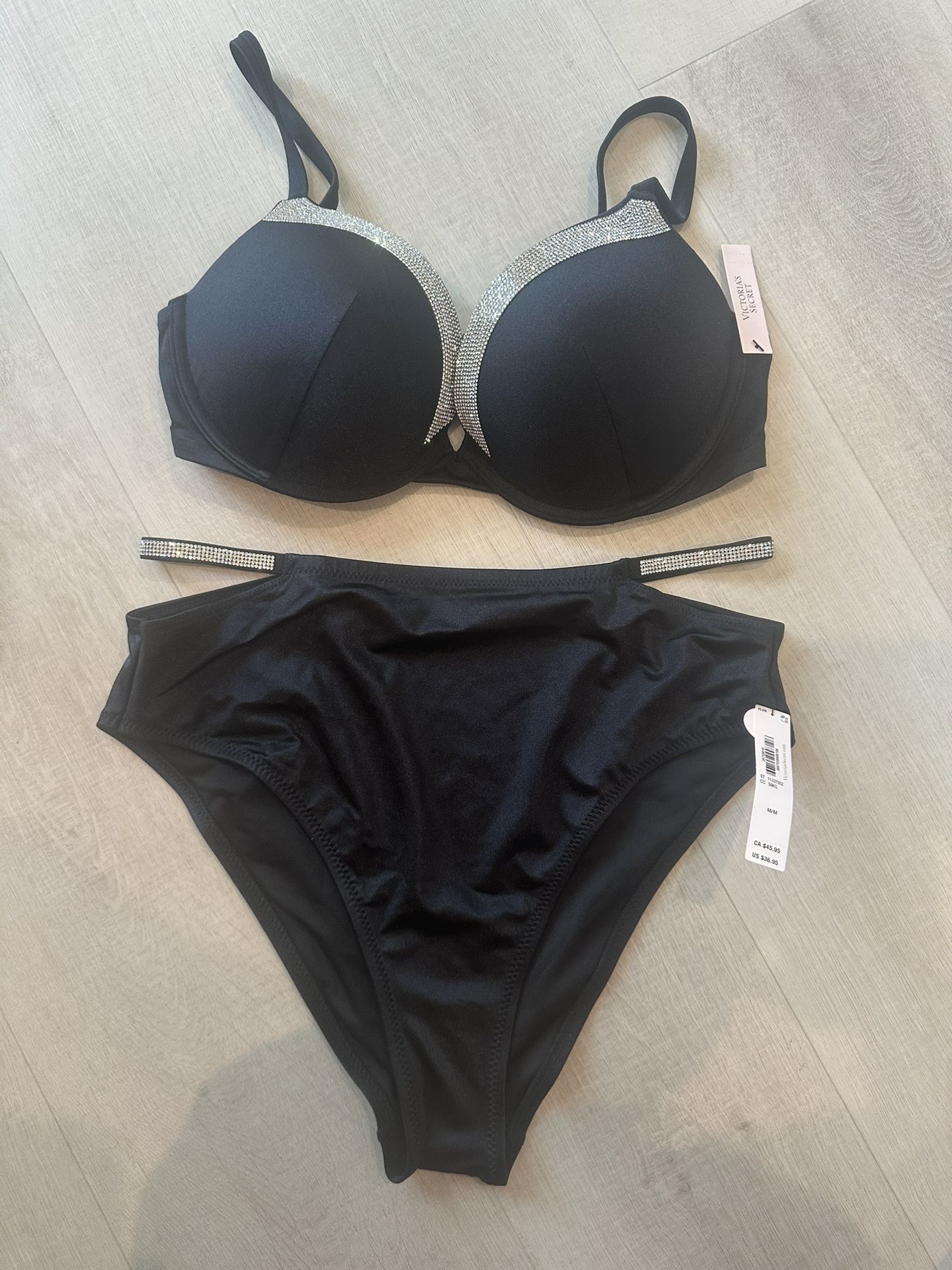 New— Very Sexy Shine Trim Push-Up Bikini Top 32DD & Swim Bottoms Size M With tags