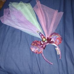 Disney Parks Minnie Mouse Unicorn Pink Sequin Veil Ear Headband