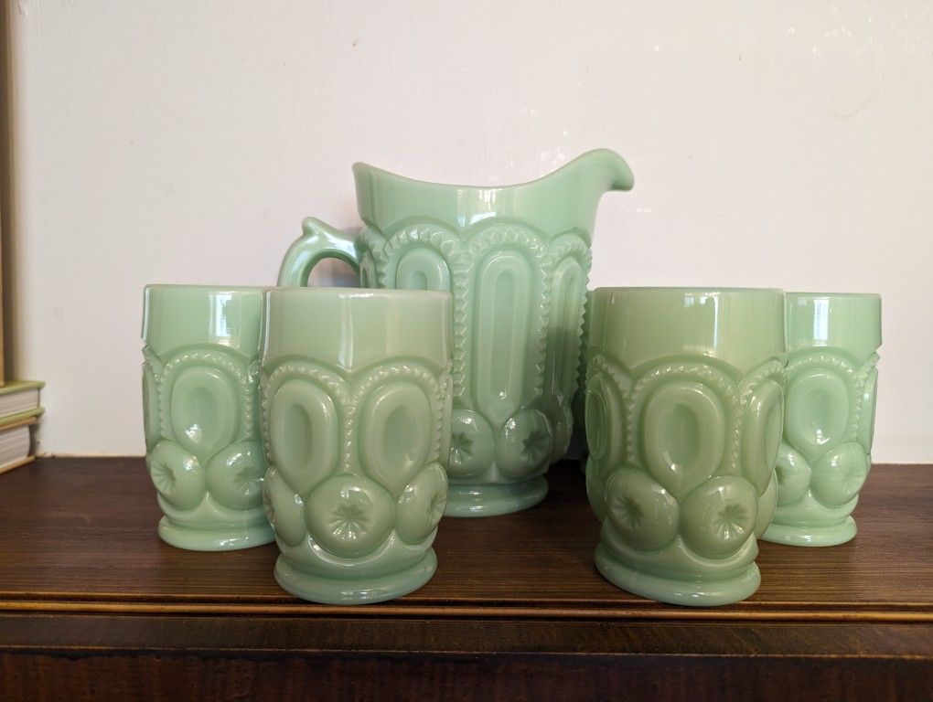 Moon And Stars Jadeite Weishar Full Size Pitcher And 6 Goblets