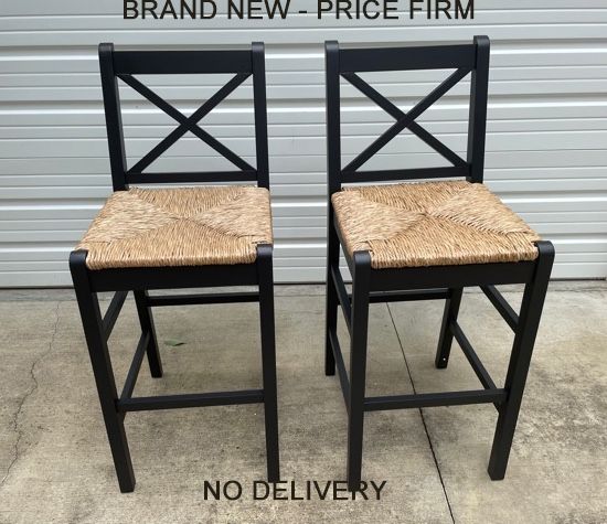 New, Price Firm, Set of 2, Dorsey Black Wood 30-in. Stool with Back and Rush Seat, Black by The Home Decorators Collection,