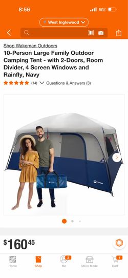 Wakeman Outdoors 10-Person Large Family Outdoor Camping Tent - with 2-Doors, Room Divider, 4 Screen Windows and Rainfly, Navy