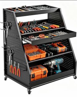 4-Tier Heavy Duty Rolling Tool Cart with Pegboard & Sliding Tray, 440 LBS Load Capacity Steel Utilit