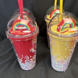 4- 16 Fl Oz Rainbow Tumblers, “Good Mood”, 2red  2 yellow Cups New
