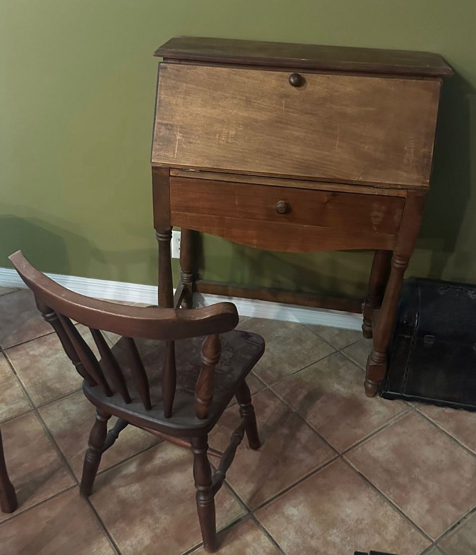 Antique Walnut Wooden Desk & Chair