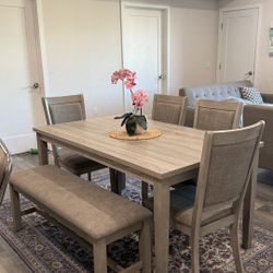 Grey Oak Dining Table with 4 Chairs & Matching Bench
