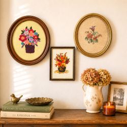Vintage LOT 4 Framed Crewel & Needlepoint Wall Hanging Art Artwork Handcrafted 