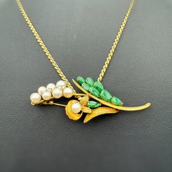 Vintage 14k solid yellow gold Floral Natural 3CTW Pearl and 6CTW Jade stone Flower brooch pendant charm