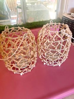 Set Of 2 Wicker & Metal Hanging Candle Holders
