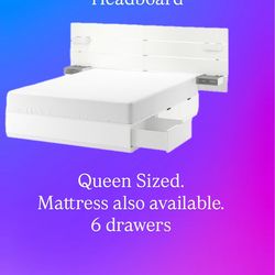 Queen sized storage bed with headboard and mattress