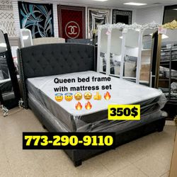 Queen Size Bed Frame Headboard With Mattress And Box Spring $350 Only Complete Bed Ready For Delivery 