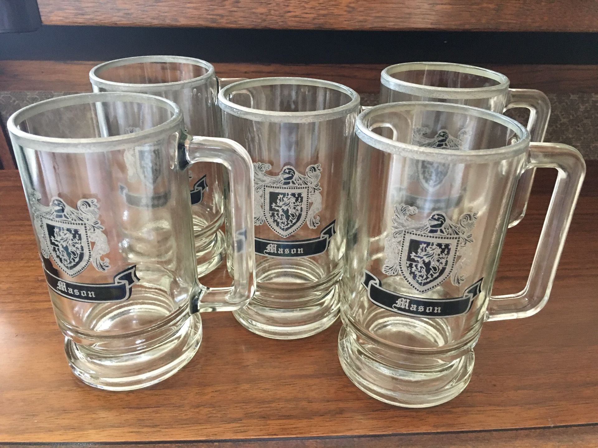 “Mason” family crest heavy glass beer mugs