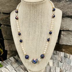 Pearl, Crystal and Cloisonné Necklace