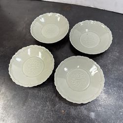 Antique Chinese Qing Dynasty Celadon Plates Base 19th Century Excellent Set Of 4