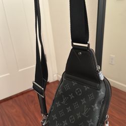 Gray Monogram Pattern Sling Crossbody Bag - Adjustable Strap, Compact Size + Original Box