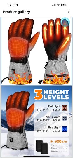 Heated Gloves, 5V 4000mAh Rechargeable Heated Gloves for Men, 3 Heating Levels, Touchscreen, Non-Slip for Skiing, Hunting, Outdoor Work